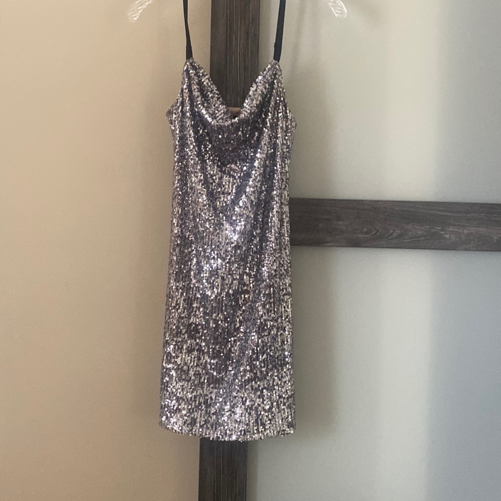 Silver Bebe Sequined Mini Dress (Perfect Disco Theme Dress)